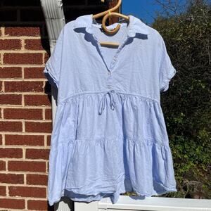 Zara Womens Oxford Mini Dress Blue Cotton Ruffle Tunic Size XS